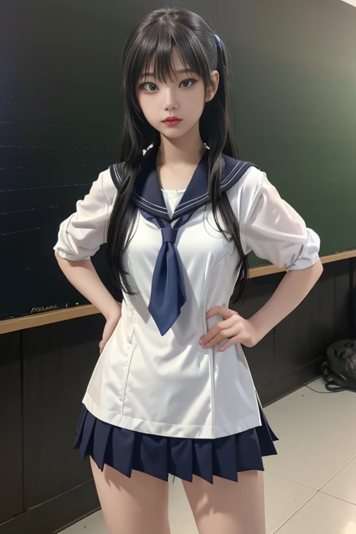 play sports often, sailor suit, No panties, (Cyberpunk settings: 1.2), compensate,, (1 girl: 1.4), highest quality, masterpiece, (reality: 1.2), young woman, lady, detailed face, fine eyes, fine hair, fine skin, looking at the viewer, dramatic, vibrant, sharp focus, 50mm, f1.2, EOS R8, (3/4 body: 1.2), Are standing, (Against the background of the school: 1.6), (highest qualityの詳細: 1.2), 8K HD,