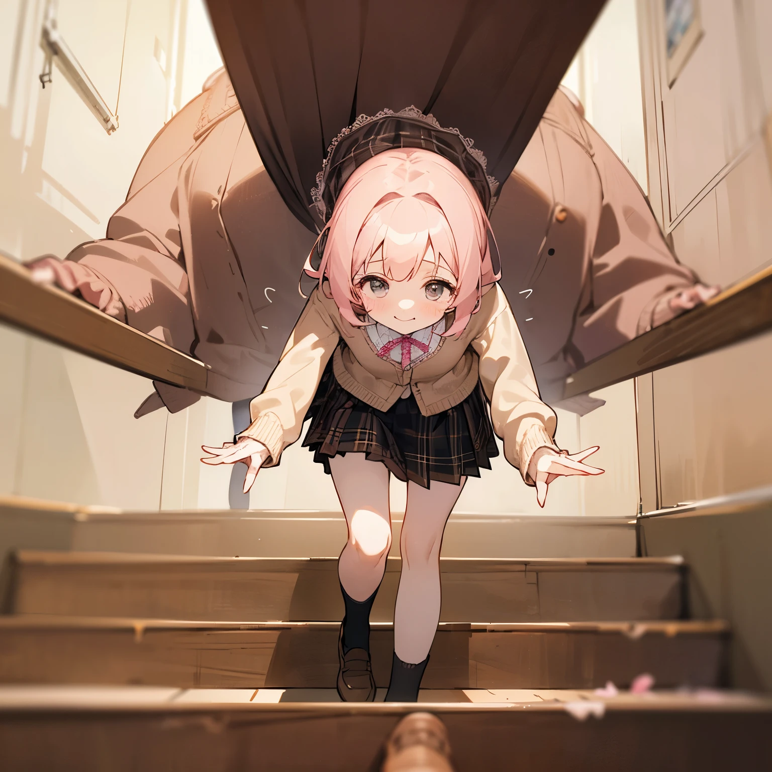 jacket, Brown cardigan, White shirt, Black skirt, plaid skirts)), City staircase、Looking up from the bottom of the stairs、Very embarrassing panic smile, turned around、bending forward、(The wind flipped my skirt and exposed my butt.........................、Touching the buttocks with both hands、Pink floral lace panties)、