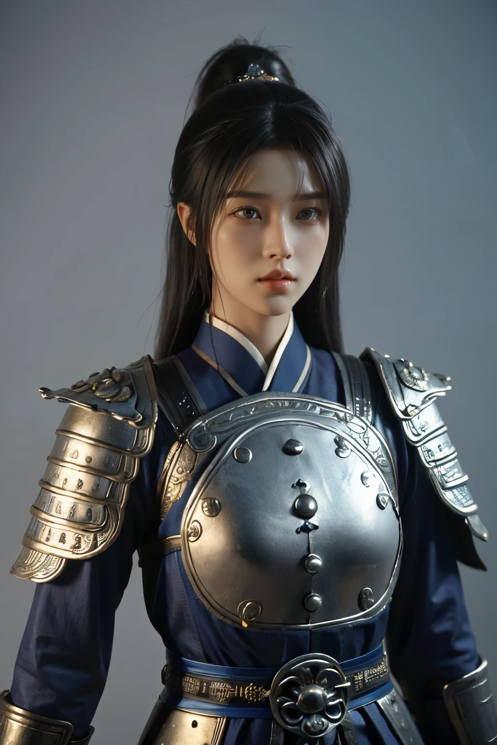 Game art，The best picture quality，Highest resolution，8K，(A bust photograph)，(Portrait)，(Head close-up)，(Rule of thirds)，Unreal Engine 5 rendering works， (The Girl of the Future)，(Female Warrior)， 
15岁少女，(The generals of ancient China)，An eye rich in detail，(Big breasts)，优雅高贵，冷漠，勇敢的，
(Wearing ancient Chinese style armor，Armor of Song Dynasty，Costumes are rich in detail，Metallic luster，Silver gray)，中国人物，奇幻风格，
拍照姿势，野外背景，Movie lights，Ray tracing，Game CG，((3D Unreal Engine))，oc渲染反射纹