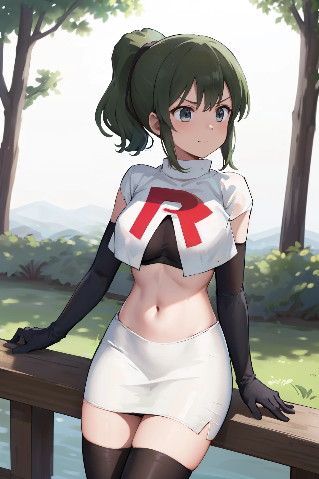 masterpiece,best quality,highres,aafutaba,medium hair,ponytail,cowboy shot,outdoors,team rocket,team rocket uniform, red letter R, white skirt,white crop top,black thigh-highs,black elbow gloves