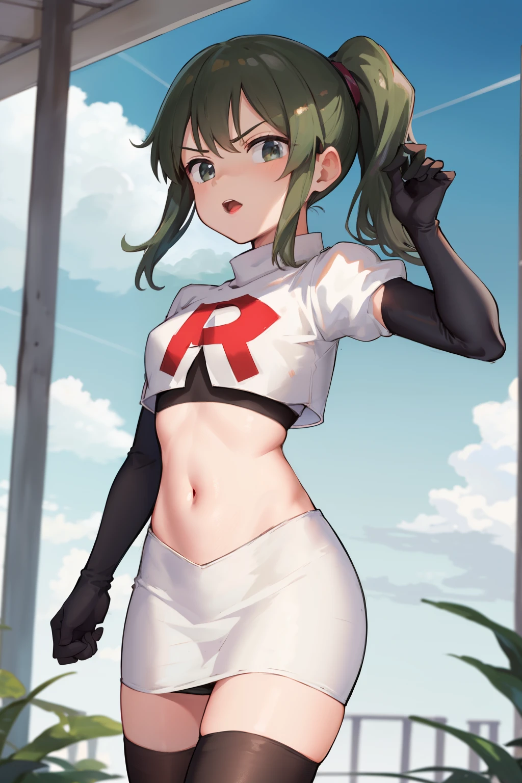 masterpiece,best quality,highres,aafutaba,medium hair,ponytail,cowboy shot,outdoors,team rocket,team rocket uniform, red letter R, white skirt,white crop top,black thigh-highs,black elbow gloves
