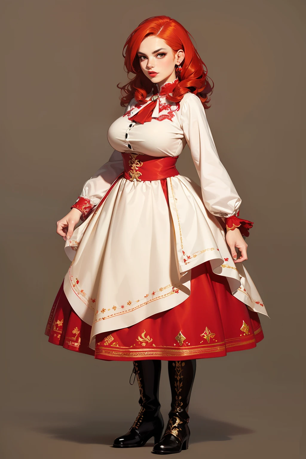 danish inspired, russian inspired, dress design, ruffles, embroidery, intricate, long sleeves, ankle length, fantasy, villager, fashion concept, fashion design, fashion plate, standing pose, concept art, petticoat, boots, hip length curly red hair, perfect face, round face, big plump lips, orange eyes, middle part