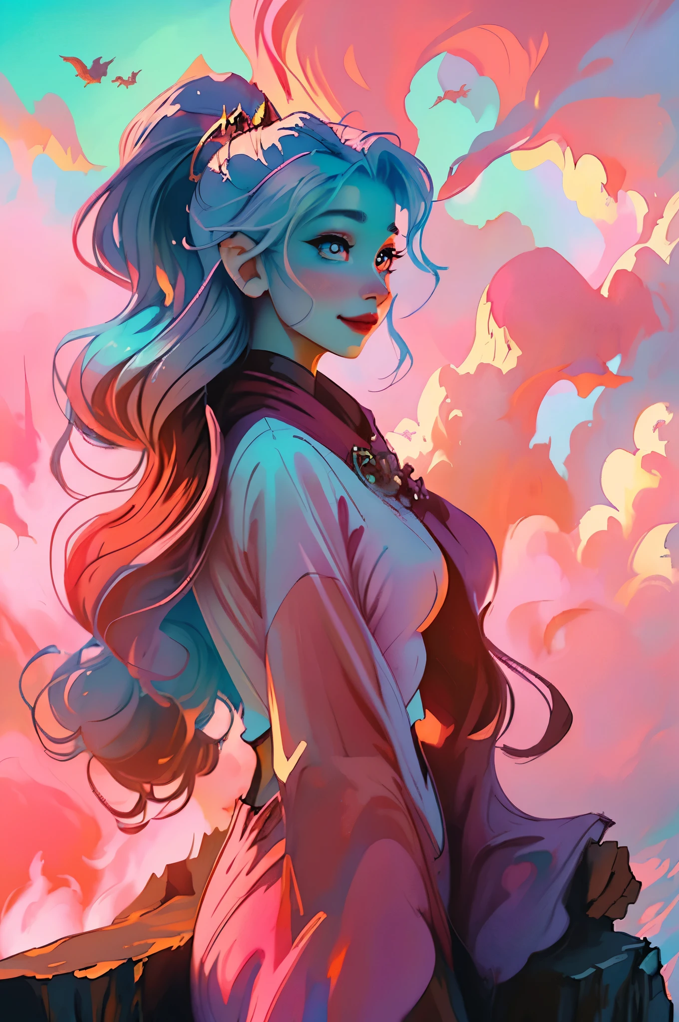 a woman standing on a cliff, a dragon with a long tail in the pastel clouds with smoke, dragon queen, fantasy art style, 4k fantasy art, epic fantasy digital art style, high detailed woman’s face lips eyes mouth, warm smile, kind eyes, looking out into the ocean, vibrant colors