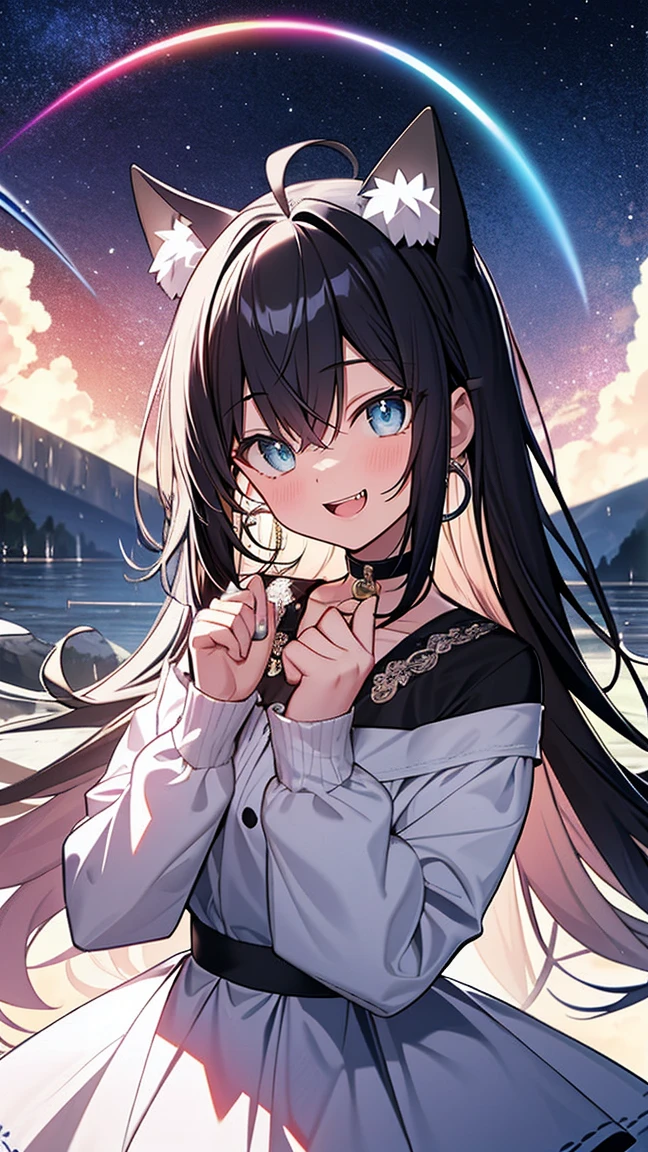 milky way,Cat ear,night sky,Cat tail,10歳のgirl,girl1people,,,(best quality, masterpiece:1.2), 3D rendering, High resolution, Images with outstanding details, bright and vibrant colors, beautiful scenery, , beautiful and delicate flowers, elaborate texture, Extremely clear depiction, , dreamy atmosphere, rainbow, multiple exposure effect, dramatic contrast, Mr.々Shading, Vibrant colors, monochrome, rain,night sky,milky way,Star,between night and morning,,,late night,,look up at the sky,stare at the sky, Filled with soft light,shiny skin,disheveled hair,Ahoge,black hair,A happy smile,Make your face clear,目立つAhoge,very loud laugh,flashy cute clothes,I can see fangs in the mouth,Laughter,a piece of hair、Even one line is clearly drawn.,Sounds like fun,Clear to the fingertips,silver earrings in ears,Earrings are made by professionals,Earrings with a carefully designed design,,choker on neck,The choker has a large bell attached to it.,,