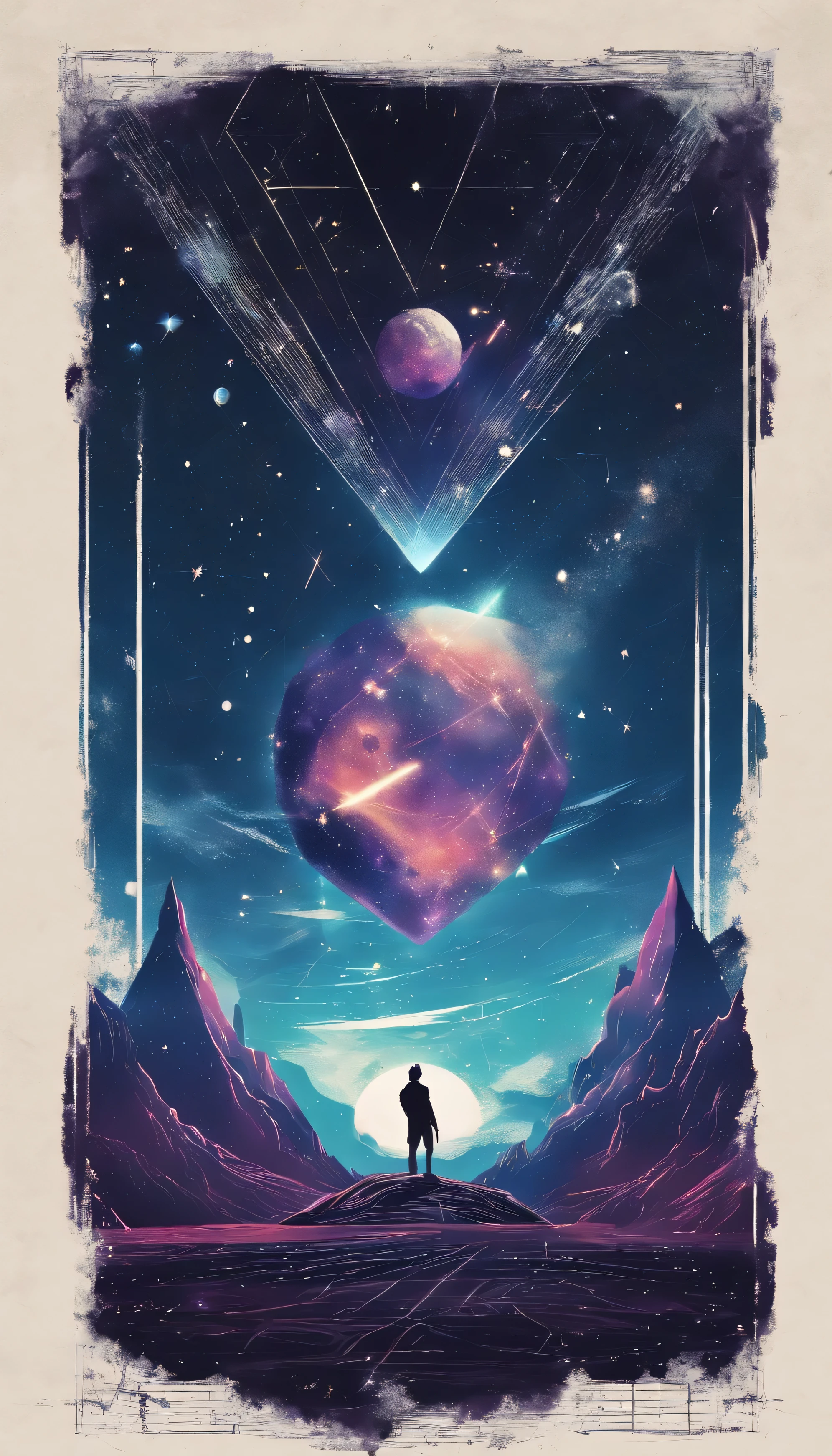 Poster design，diamond，Starry sky planets added to background，Use the printmaking style，4k，exquisitedetails