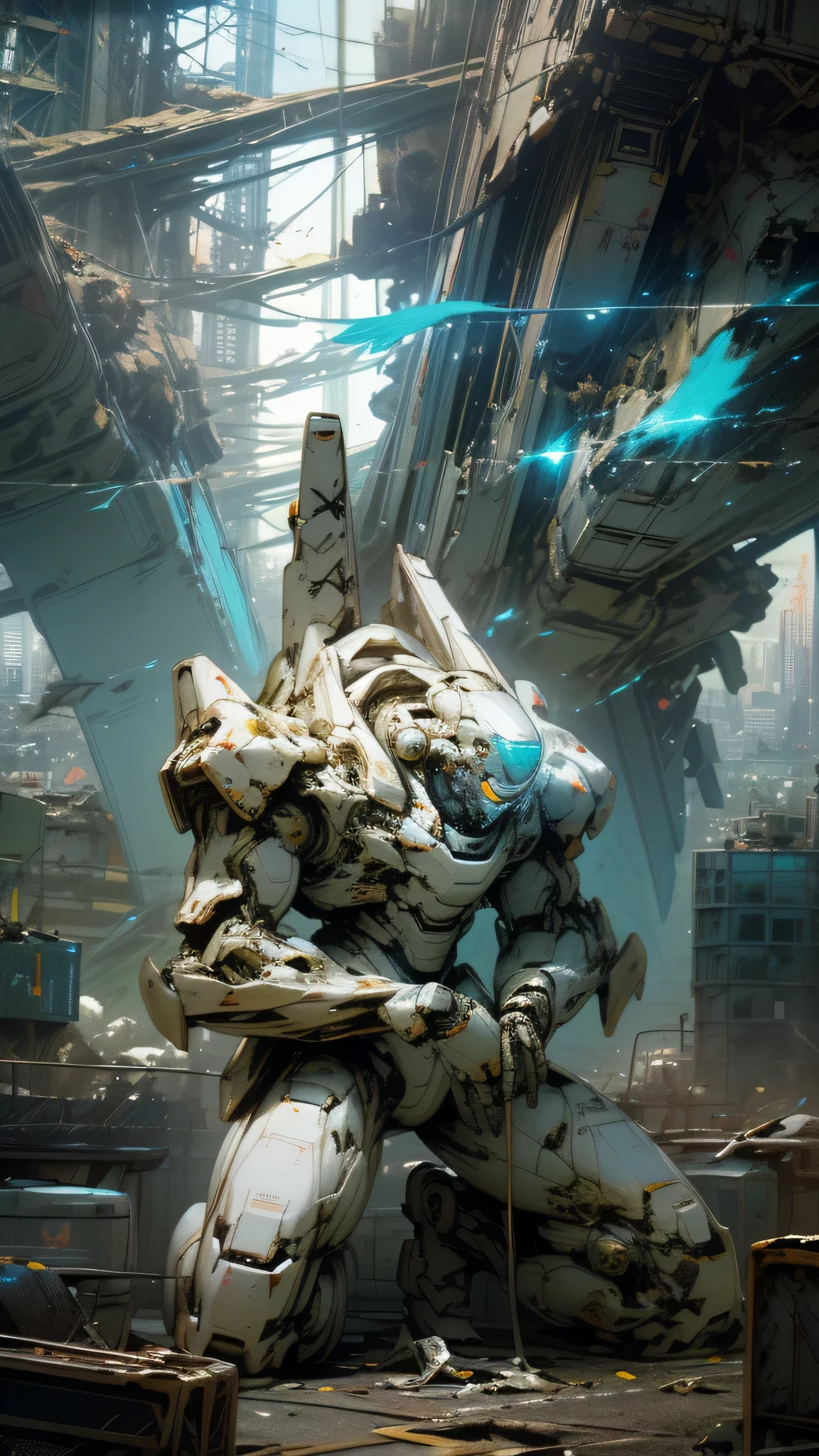 最high quality、best image quality、masterpiece、huge robot((damaged white body、blue light body line、Missing right arm、Tattered left foot、damaged jetpack、kneel down)),high quality、beautiful art、background((city、explosion、air raid)),debris flies、Depth of written boundary、movie、visual art、perfect art、8K,genuine