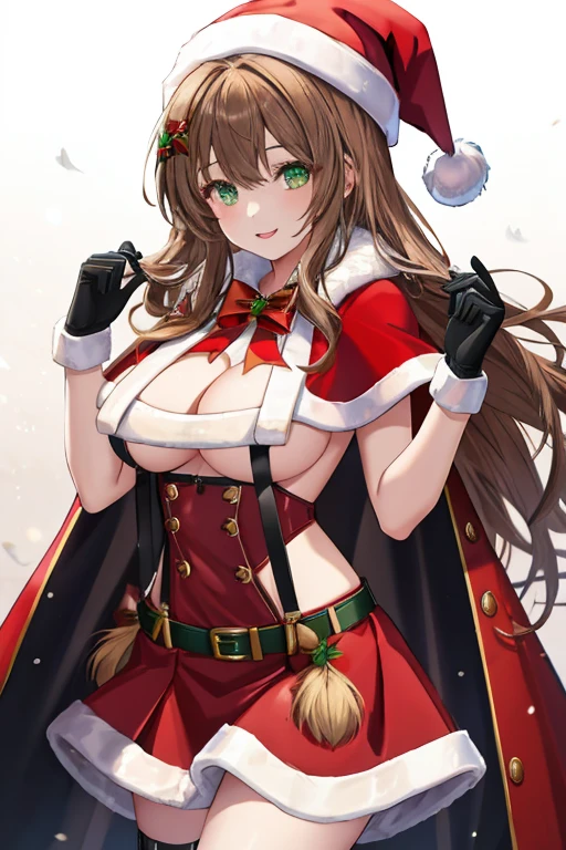 1girl, long hair, brown hair, messy hair, green eyes, bien vista, perfect anatomy, large breasts, fur-trimmed capelet, fur-trimmed skirt, fur-trimmed gloves, underboob, suspenders, center opening, cleavage, smile, santa costume, santa hat, red skirt
