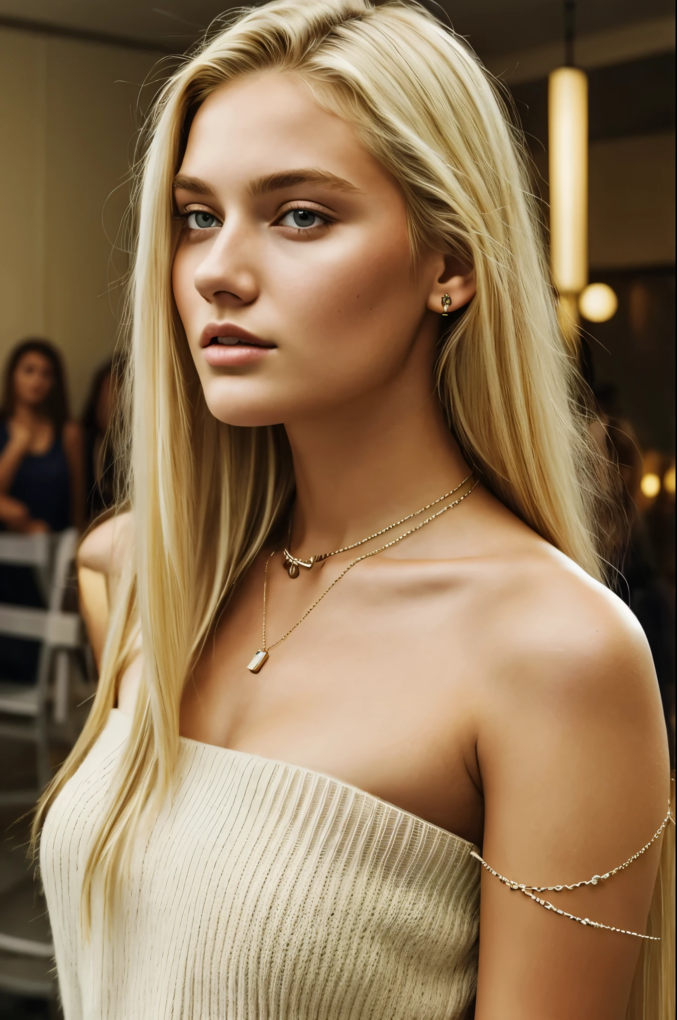 1 girl in, 19 years old, alone, long hair, huge , looking at the audience, blonde hair, bare shoulders, brown eyes, jewelry, whole body, A necklace, Off the shoulders, sweater, actual, a sexy