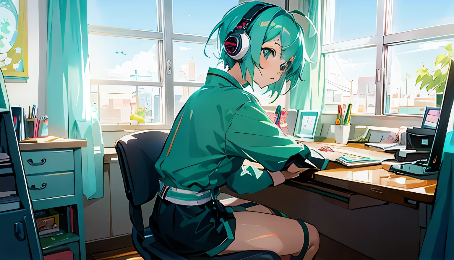 Anime girl sitting at a desk with headphones on and a laptop, anime style 4 k, Nightcore, mikudayo, teal hair anime girl, anime moe art style, hatsune miku short hair, High quality anime art style, digital anime art, modern anime style, anime style. 8K, anime atmosphere, cyber high school girl, anime styled digital art