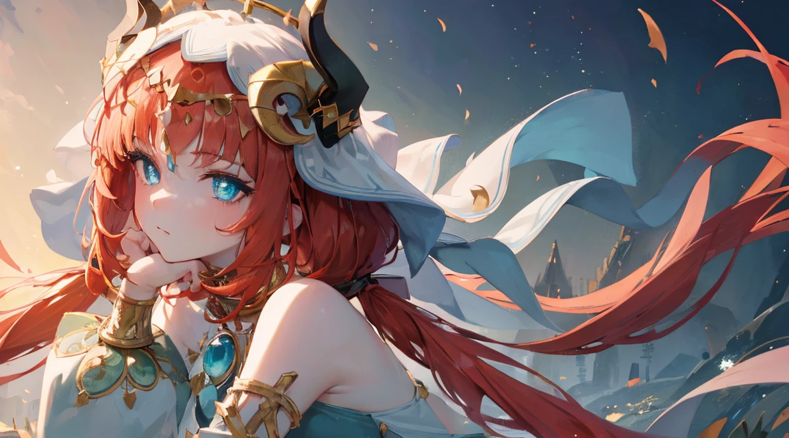 (((4k, masterpiece, top-quality))) ,8k, best quality, (((piano))), high resolution, HD, unity 8k wallpaper, (((illustration:0.8))), (((beautiful detailed eyes:1.6))), extremely detailed face, perfect lighting, extremely detailed CG, (perfect hands, perfect anatomy), super complex details, 1girl, horns,red hair,long hair,twintails,veil,aqua eyes,harem outfit,neck ring,jewelry,bare shoulders,long sleeves,crop top,brooch, bracer, gold trim,blue skirt,circlet,vision \(genshin impact\),