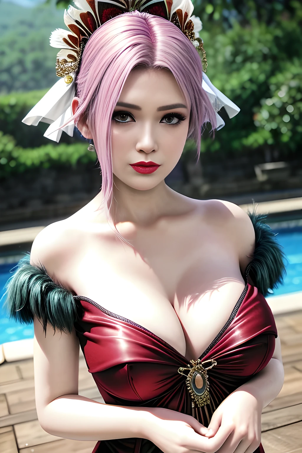1 girl,Alice,(Dress made of peacock feathers),outdoor,jewelry,grace,(((red lips))), Lips slightly open, clavicle,(huge breasts),((8k, original photo, top quality, masterpiece), HD RAW color photos professional close-up photos, (actual, photorealism: 1.37), (best quality),8k,soft sunshine, Fabric luster,alone,