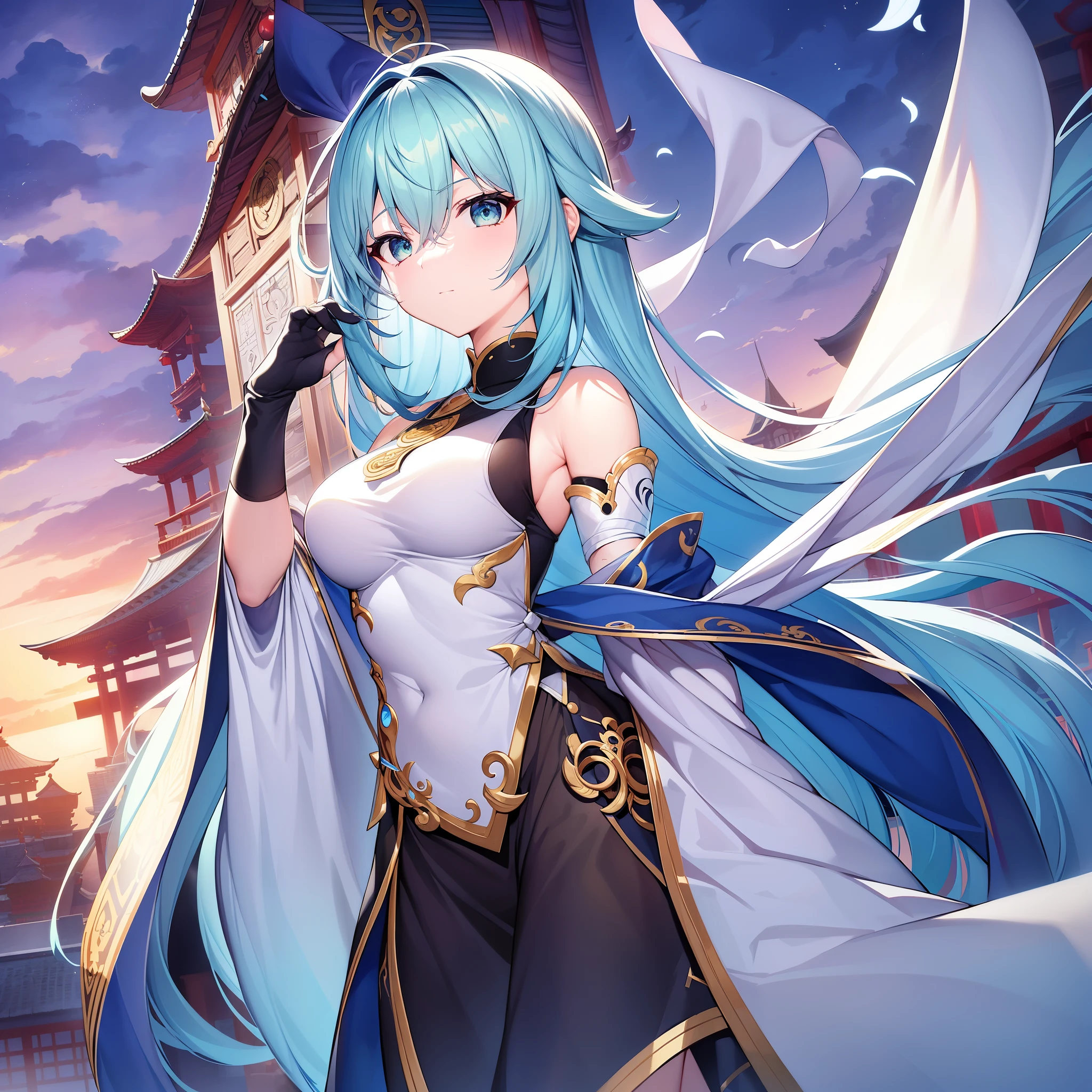 (disorganized、8k、4k、masterpiece、super extreme details:1.2)、solo、1 girl、view viewer、Portrait、best quality、expressive eyes、perfect face、1 girl、Portrait、view viewer、solo、Are standing、woman、toned body、成熟したwoman、medium breasts、pale、Blue-green hair、Calm、medium hair、balance、long gloves、Hair in one eye、Yin and Yang、fufa、Sensing Hersher、Fu_Hua、hair accessory、Calm、wallet、Pause、temple background、cloudy sky、sunset、Hair covering one eye、casual clothing、baseball cap、white shirt、open jacket、Half body、character \(series\)