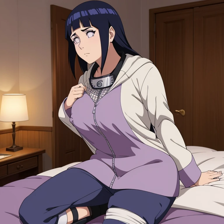 obra maestra, high resolution, alta calidad, cara detallada, Renderizado detallado del cuerpo, 1 chica, Solo, Hyuuga Hinata, Traje sin mangas de Hinata, pechos grandes, pecho grande, camisa sin mangas, top de rejilla, labios oscuros, chaqueta sin cremallera, sin sujetador, pechos afuera, nipple, de pie, se sonroja, (en el dormitorio)