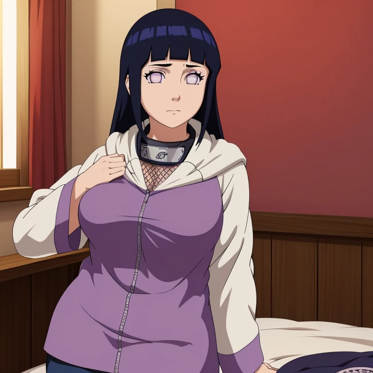 obra maestra, high resolution, alta calidad, cara detallada, Renderizado detallado del cuerpo, 1 chica, Solo, Hyuuga Hinata, Traje sin mangas de Hinata,  grandes, pecho grande, camisa sin mangas, top de rejilla, labios oscuros, chaqueta sin cremallera, sin sujetador, pechosa, nipple, de p sonroja, (en el dormitorio)