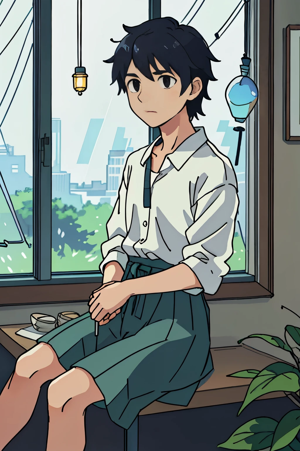 In the soft glow of the Makoto Shinkai Anime Style, a man is depicted sitting in quiet contemplation by the window. The large, horizontal pane of glass frames the scene, through which the melancholic beauty of a rainy day unfolds. Raindrops, each a perfect sphere, skitter down the windowpane, adding a rhythmic cadence to the atmosphere. A swinging wind chime, its delicate metal rods shimmering with beads, gently tinkles in the wind, adding to the serene ambiance. The image is rendered in high dynamic range (HDR), infusing the scene with a rich, natural palette. The colors are clean and transparent, each h