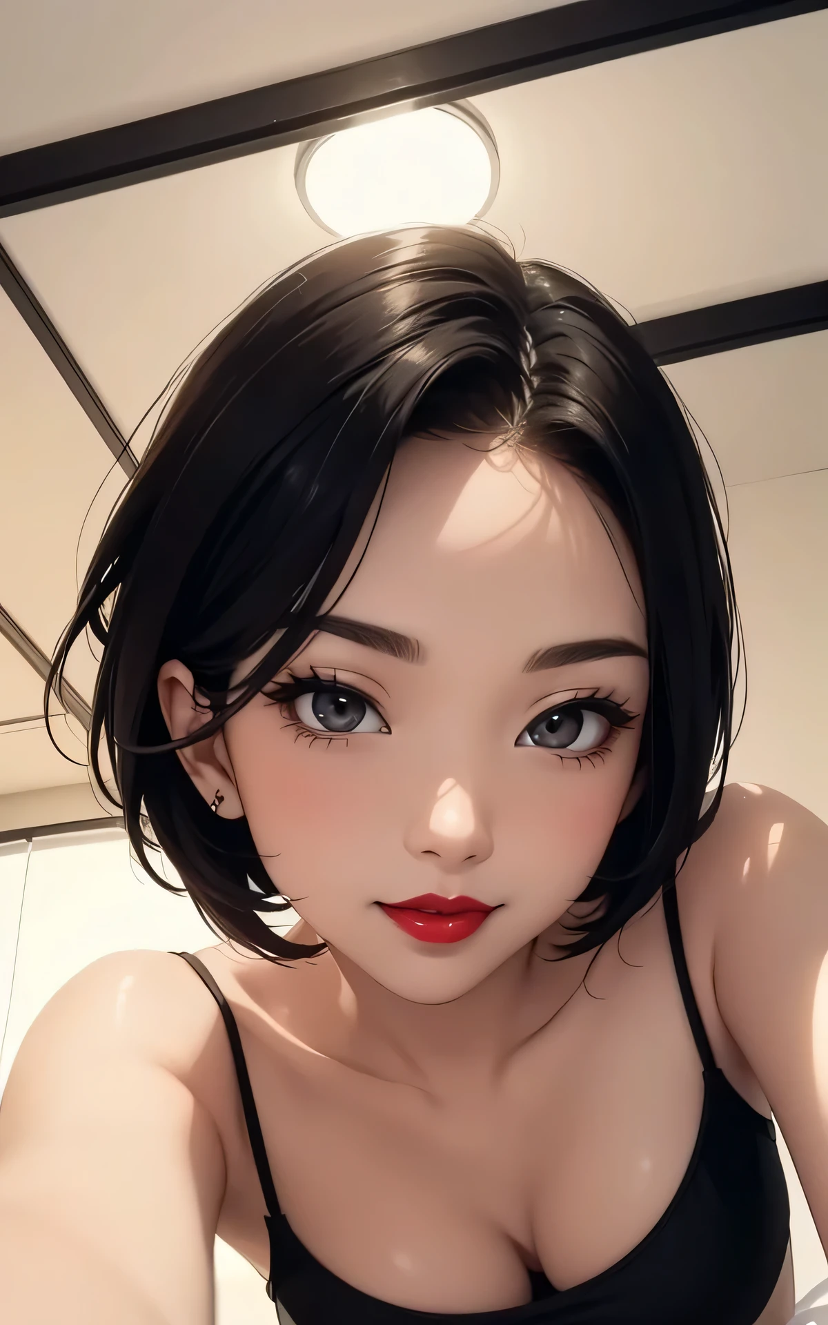 (45year old,Red lips、Fascinating、short hair:1.3)、 absurderes、Flat Lighting、((from below:1.3))、realisticlying、ultra-detailliert、bright colour、beautiful detailed eyes、perfect eyes、detailed hair、1 woman、(black hair、jet black eyes)、Delicate beautiful face,Blushing,A sexy,Bed,Slip Dress、seductive smile、 dramatic angle、forehead