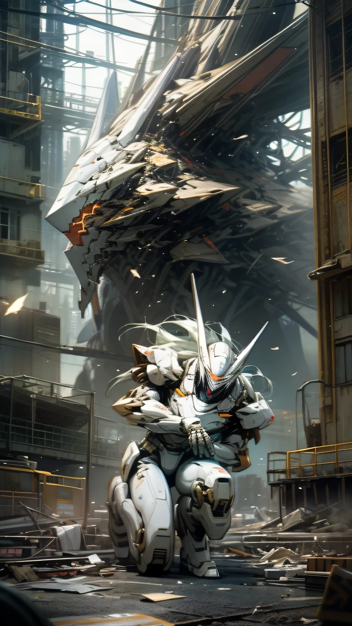 最high quality、best image quality、masterpiece、huge robot((damaged white body、blue light body line、Missing right arm、Tattered left foot、damaged jetpack、kneel down)),high quality、beautiful art、background((city、explosion、air raid)),debris flies、Depth of written boundary、movie、visual art、perfect art、8K,genuine