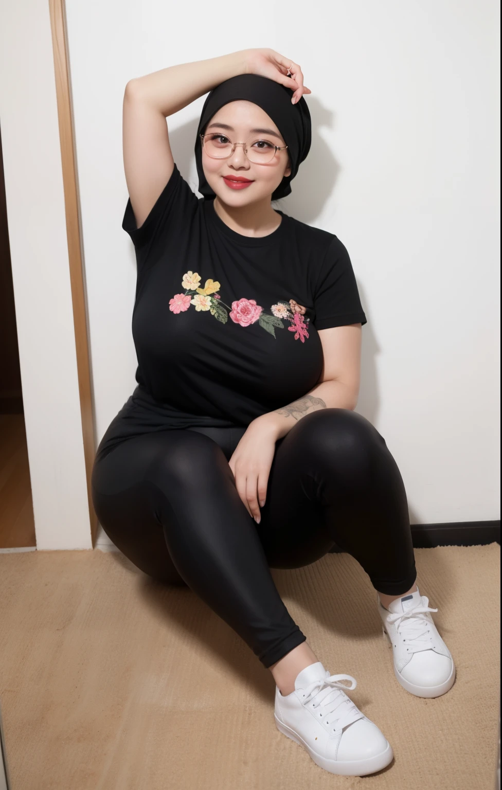 wanita berhijab syariah, wearing gold t-shirt, sneakers, chubby cheeks, chubby arm, chubby, glasses, big breast, chubby tight, wearing a hijab, bbw, bbc, cute girl, mature and plump, plump woman, clean and smooth pics, all star, high quality, best quality, good vibes, nice look, tattooed, gorgeous, elegant, high resolution, super extremely resolution, flower tattoos, Perfect angle, mature woman, milf, tight t-shirt, skinny, perfect look, t-shirt, dark room, smile shy, woman 40 years old, black t-shirt, chubby cheeks, Thigh-length pants, sweaty, full bodies, tank top, high heels, dimples, armpits, massive thighs