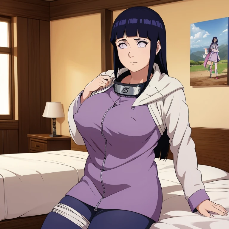 obra maestra, high resolution, alta calidad, cara detallada, Renderizado detallado del cuerpo, 1 chica, Solo, Hyuuga Hinata, Traje sin mangas de Hinata, pechos grandes, pecho grande, camisa sin mangas, top de rejilla, labios oscuros, chaqueta sin cremallera, sin sujetador, pechos afuera, nipple, de pie, se sonroja, (en el dormitorio)
