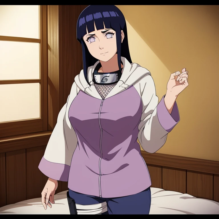 obra maestra, high resolution, alta calidad, cara detallada, Renderizado detallado del cuerpo, 1 chica, Solo, Hyuuga Hinata, Traje sin mangas de Hinata, pechos grandes, pecho grande, camisa sin mangas, top de rejilla, labios oscuros, chaqueta sin cremallera, sin sujetador, pechos afuera, nipple, de pie, se sonroja, (en el dormitorio)
