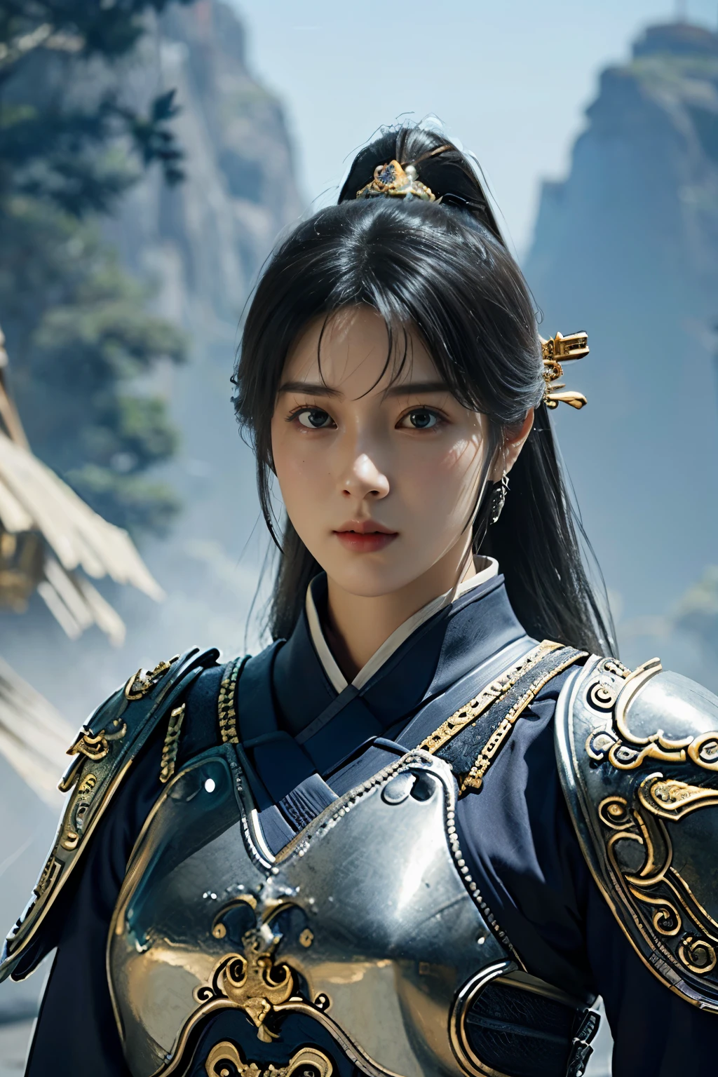 Game art，The best picture quality，Highest resolution，8K，(A bust photograph)，(Portrait)，(Head close-up)，(Rule of thirds)，Unreal Engine 5 rendering works， (The Girl of the Future)，(Female Warrior)， 
15岁少女，(The generals of ancient China)，An eye rich in detail，(Big breasts)，优雅高贵，冷漠，勇敢的，
(Wearing ancient Chinese style armor，Armor of Song Dynasty，Costumes are rich in detail，Metallic luster，Silver gray)，中国人物，奇幻风格，
拍照姿势，野外背景，Movie lights，Ray tracing，Game CG，((3D Unreal Engine))，oc渲染反射纹