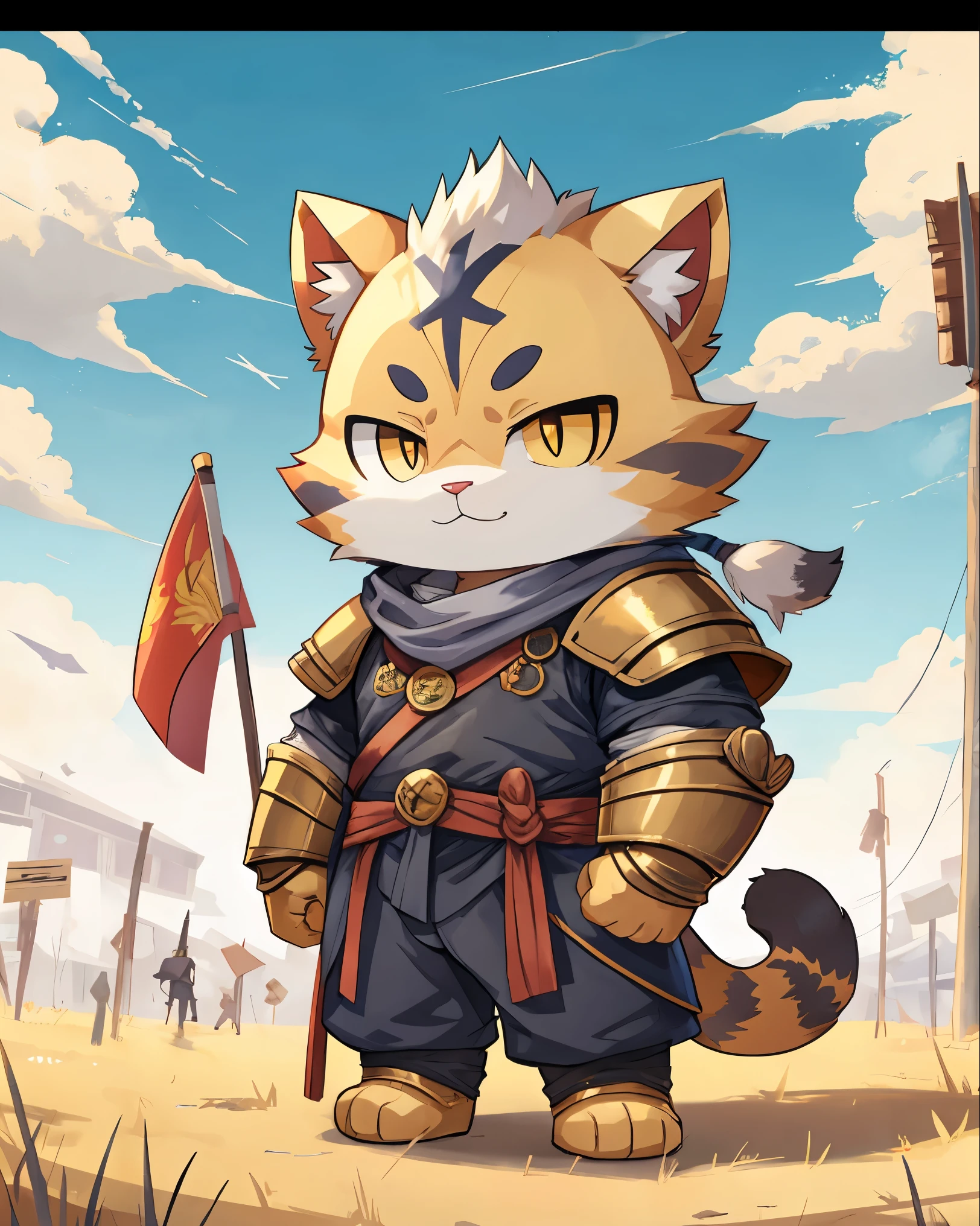 Cat wearing yellow samurai armor, chibi, standing, background yellow war banner flag, stunning style