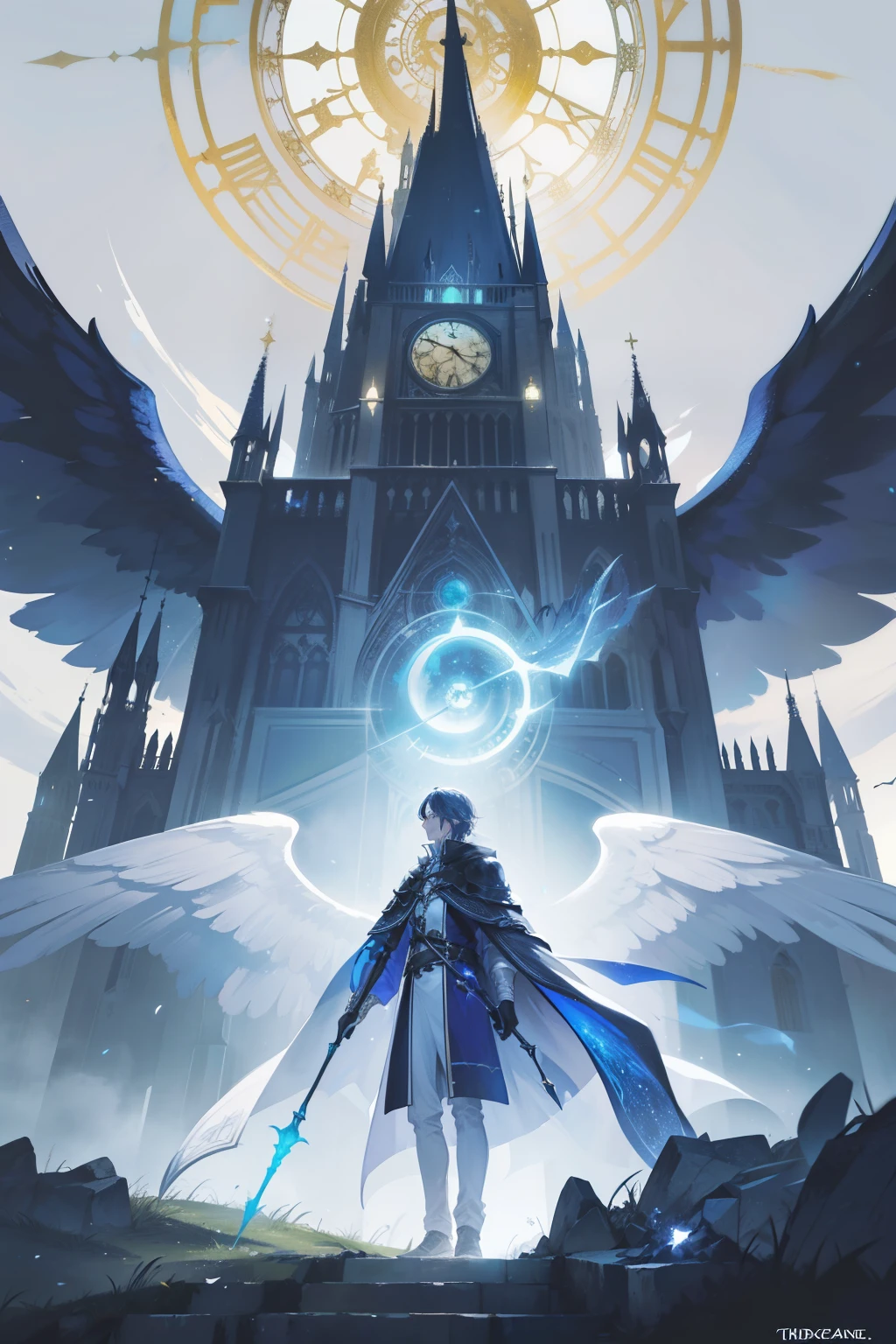The Sorcerer, guided by the four Elemental Elves, made his way to the grand clock tower under a star-studded night sky. Upon reaching the towering structure, he was greeted by the sight of two majestic Angels, their big and huge wings spread wide, illumining the area with a ethereal glow. The male and female Angels, each holding a glowing staff in their hands, stood guard over the clock tower, their serene expressions a stark contrast to the intricately designed, bright structure behind them. Time and space seemed to pause momentarily as the Sorcerer took in the scene before him, a sense of awe washing over him.