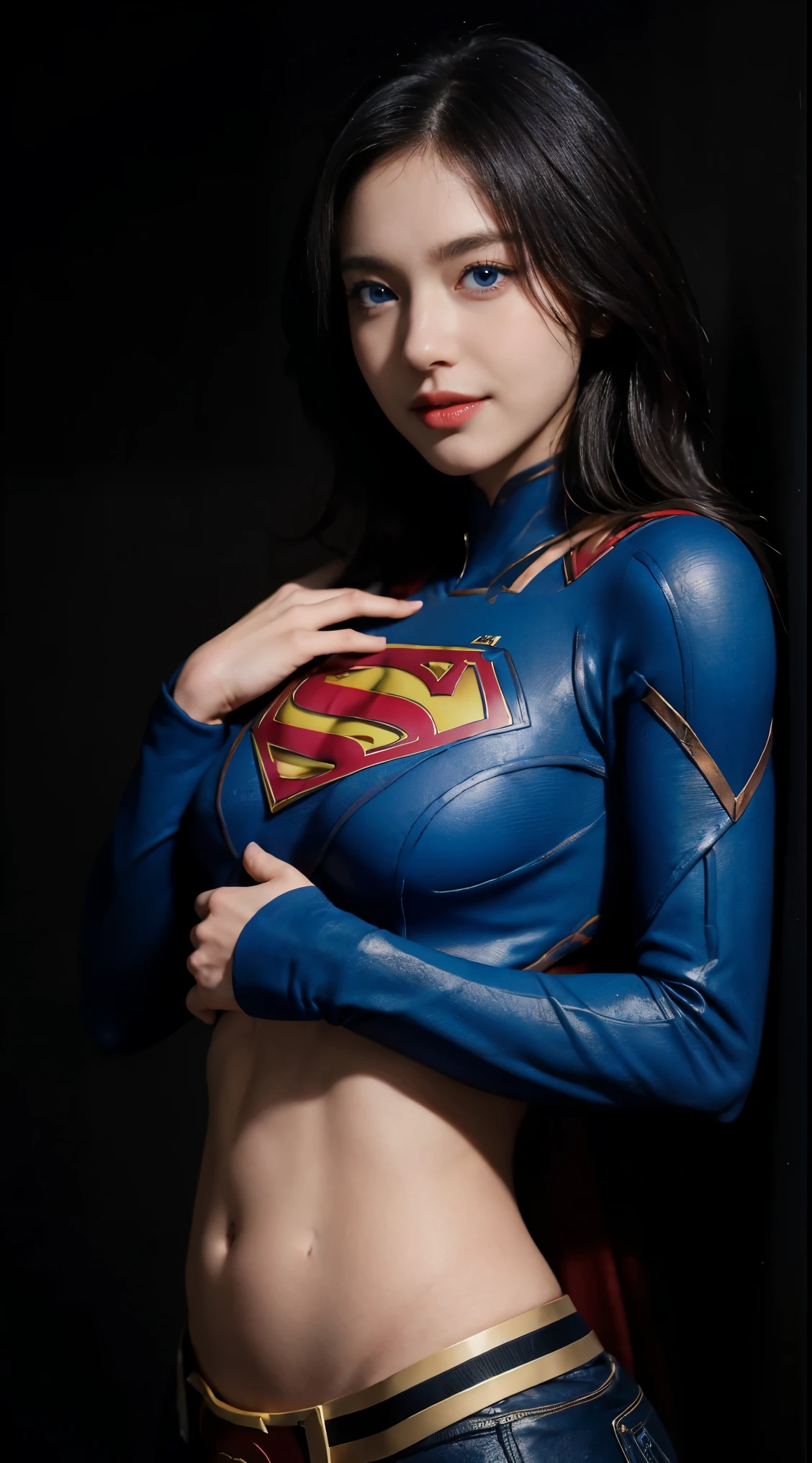 8K, Top Quality, Intricate Details, Ultra Detail, Ultra High Resolution, Masterpiece, close up shot, Slender, Smile, (Makeup: 0.4), (Fluffy Blue Eyes: 1.21), blue Eyes, looking at viewer, (()), 1girl, solo, 1 girl, (( )), , , ((tall)), (((fit body))), (((slim face))), sharp face ,black hair, long hair,, )) , (detailed face), sharp face, small lips, standing ,spread leg ,arms up , ((supergirl suits)), ((detail belly )), detail fingers, detail hands, detailed face, detailed breast, , large breast, , , Beautiful girl with accentuated slender abs: 1.4, Six Pack Abs: 1.4, Bust Botox, Big, Perfect Body, (( dark background)), black background,