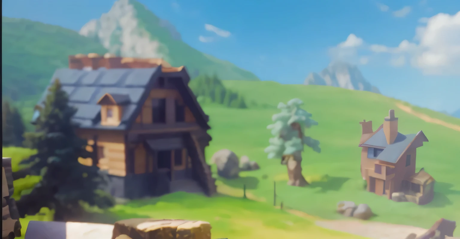 house，pines，rock，distant mountains，high quality, 4K, super actual, actual, Super details