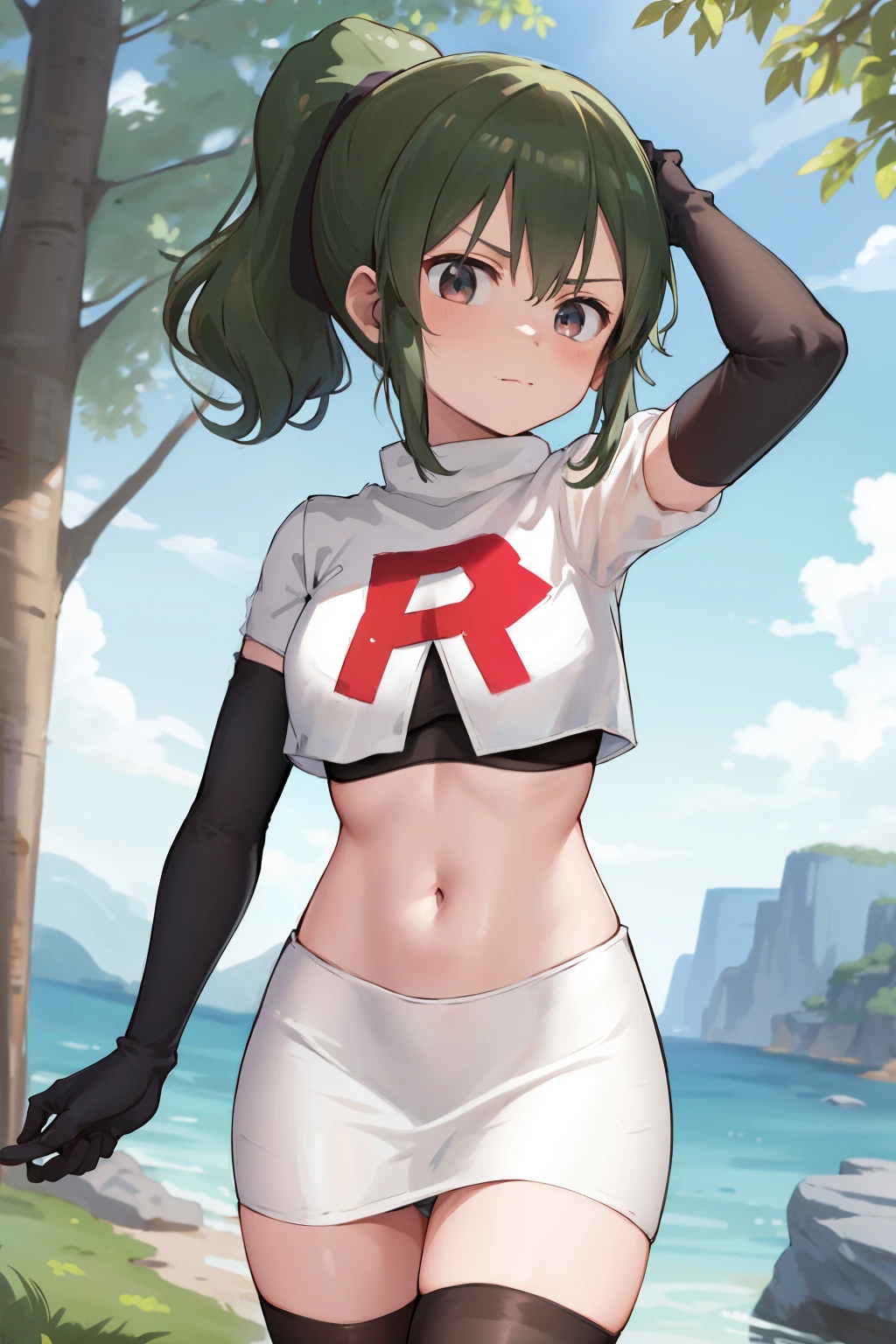 masterpiece,best quality,highres,aafutaba,medium hair,ponytail,cowboy shot,outdoors,team rocket,team rocket uniform, red letter R, white skirt,white crop top,black thigh-highs,black elbow gloves