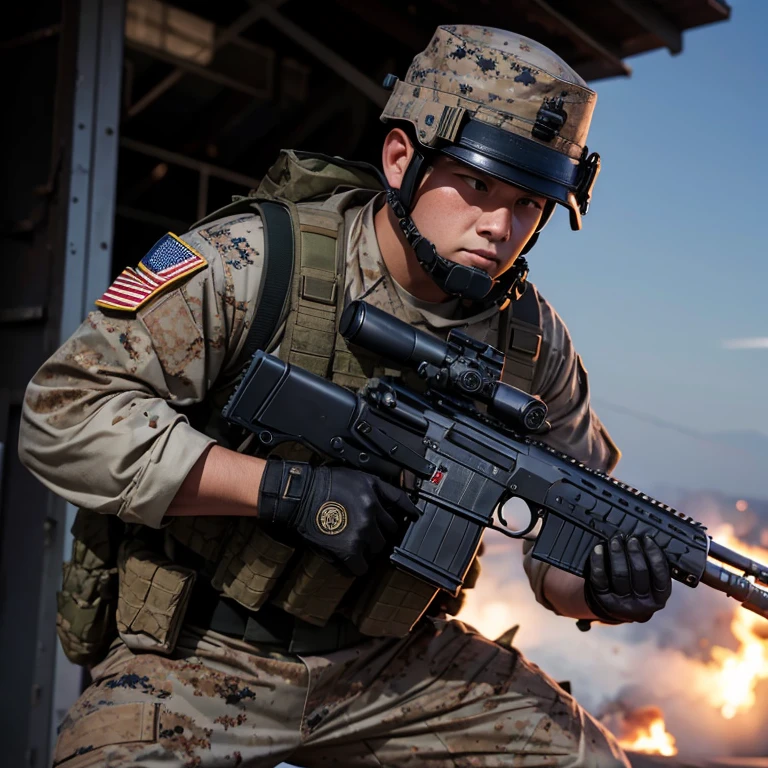 United States Marine, combat gear, face not visible, male, under fire