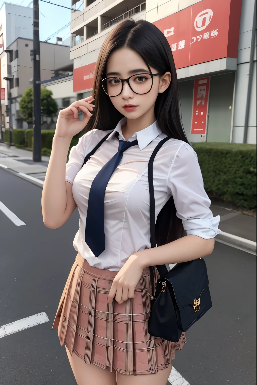 Top quality: 1.4, high resolution, perfect lighting, one girl, big breasts, flashy checked shirt, one knot, jeans, bandana on head, glasses, backpack, in front of the station