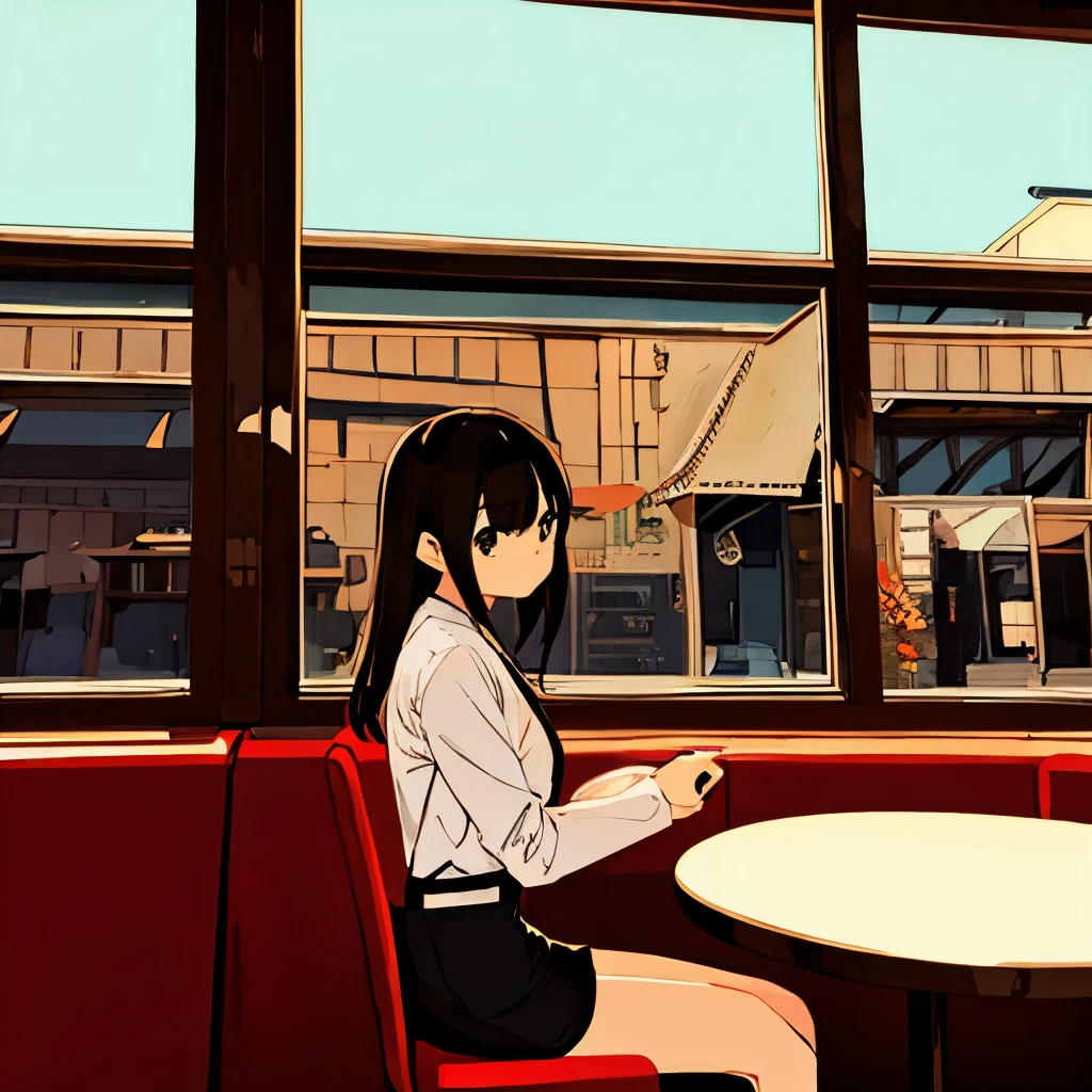 girl sitting on a chair in a cafe、Modern illustration、