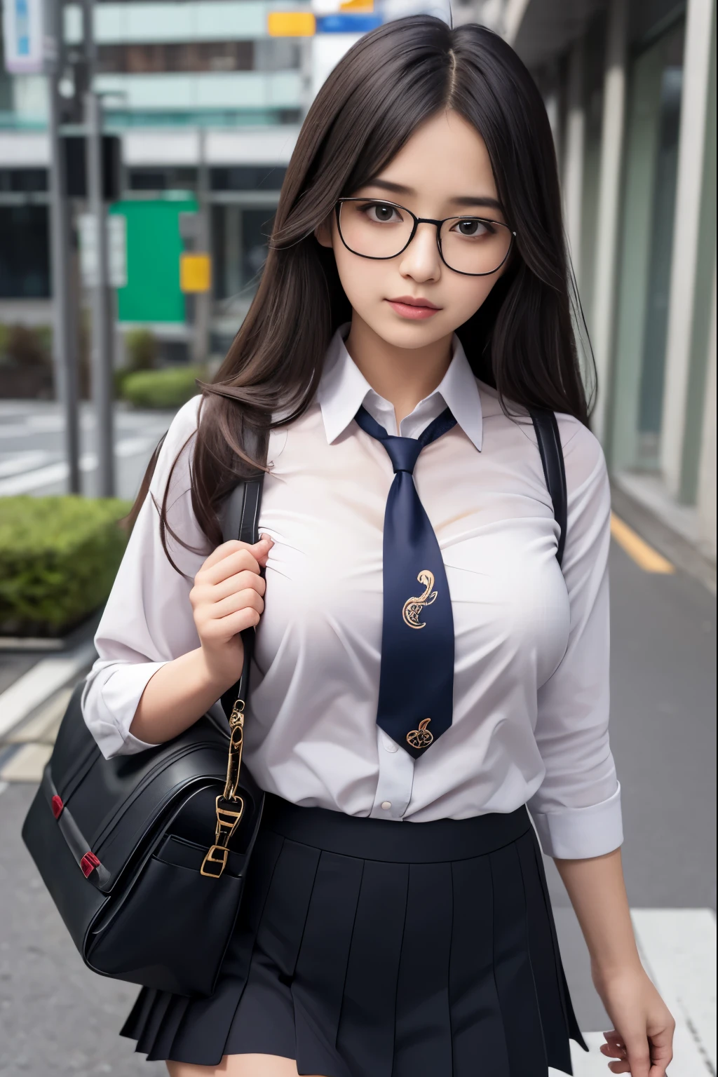 Generate with SFW, (1 girl:1.3), Upper Body Shot, Japanese, 17 year old supermodel, the body is slim, high school girl, (from before), (highest quality:1.4), 32k resolution, (Realistic:1.5), (Ultra-realistic:1.5), High resolution UHD, (masterpiece:1.2)), (Improvement of quality:1.4), (Very beautiful facial details), (Highest quality realistic skin texture:1.4), (Perfect Anatomy:1.2), (Are standing:1.37), ((thin school girl uniform , no bra, erect nipples)), ((Black tie, White long sleeve blouse shirt:1.21)), Black pleated skirt, (Do not emphasize the top of the bust), ((on the bus)), Accurate Fingers, Very detailed, Symmetrical eyes, Fine eyelashes, Thinly trimmed eyebrows, View audience, Natural Makeup, [Pink lipstick], ((A good eye for quality:1.2)), (tired, Sleepy and satisfied:0.0), (Beautiful Lips:1.33), (Great nose:1.2), ((Physically Based Rendering of the Background:1.37)), (medium breast), Tight waist, (Heavy chest:1.05, slim lower body), Brown Hair, (ponytail hair:1.37), Anxious face, Gentle light illuminates the face and body, Spectacular and inspiring cinema lighting,((eye glasses)),Place your hands on your chest