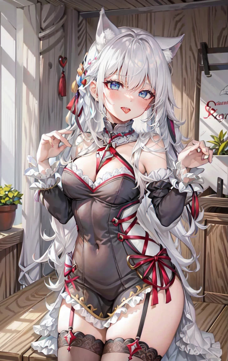 Alisa mikhailovna kujou, Ojos azules cristalimos, mejor calidad, ojos en alta definicion, super detallados, best quality, ultra detailliert, 4k anime girl, anime - style image of a woman with long white hair and a cat ears, wavy hair, perfect white haired girl, ocean blue eyes, face cute, perfect fingers, slim toned body, perfectly proportions, full body, undress, without clothes, naked, stark-naked, seductive anime girl, small curvaceous, large breasts, beautiful breasts, cleavage of the breasts, angle to show off breasts, show off nipples, bedroom background, trending on artstation pixiv, azure lane style