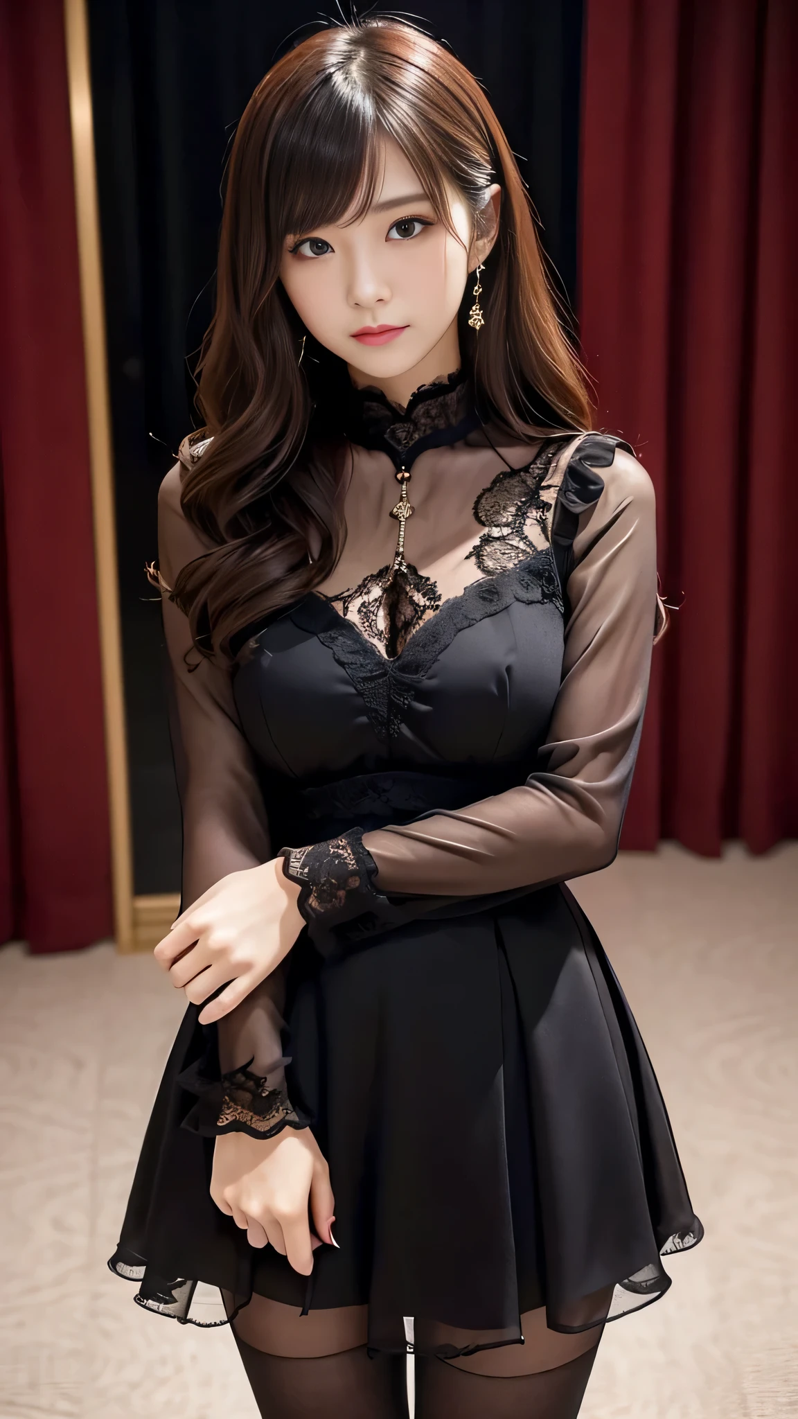 Super detailed、beautiful japanese woman、wearing a lace insert dress、flare skirt、charming beauty、seductive adult woman、Dainty woman、sharp eyes、cool girl、wavy hair、suit、Black chiffon、wide sleeve、pantyhose、Shiny legs、evilの幹部、evil depravity、brainwashing、Mind control、left hand holding lips、grin、邪evilなな表情、evil、empty eyes、邪evilな、seductive pose、darkness room