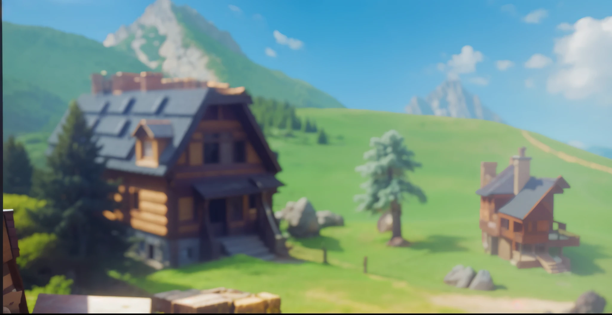 house,pines,rock,distant mountains,high quality, 4K, super actual, actual, Super details