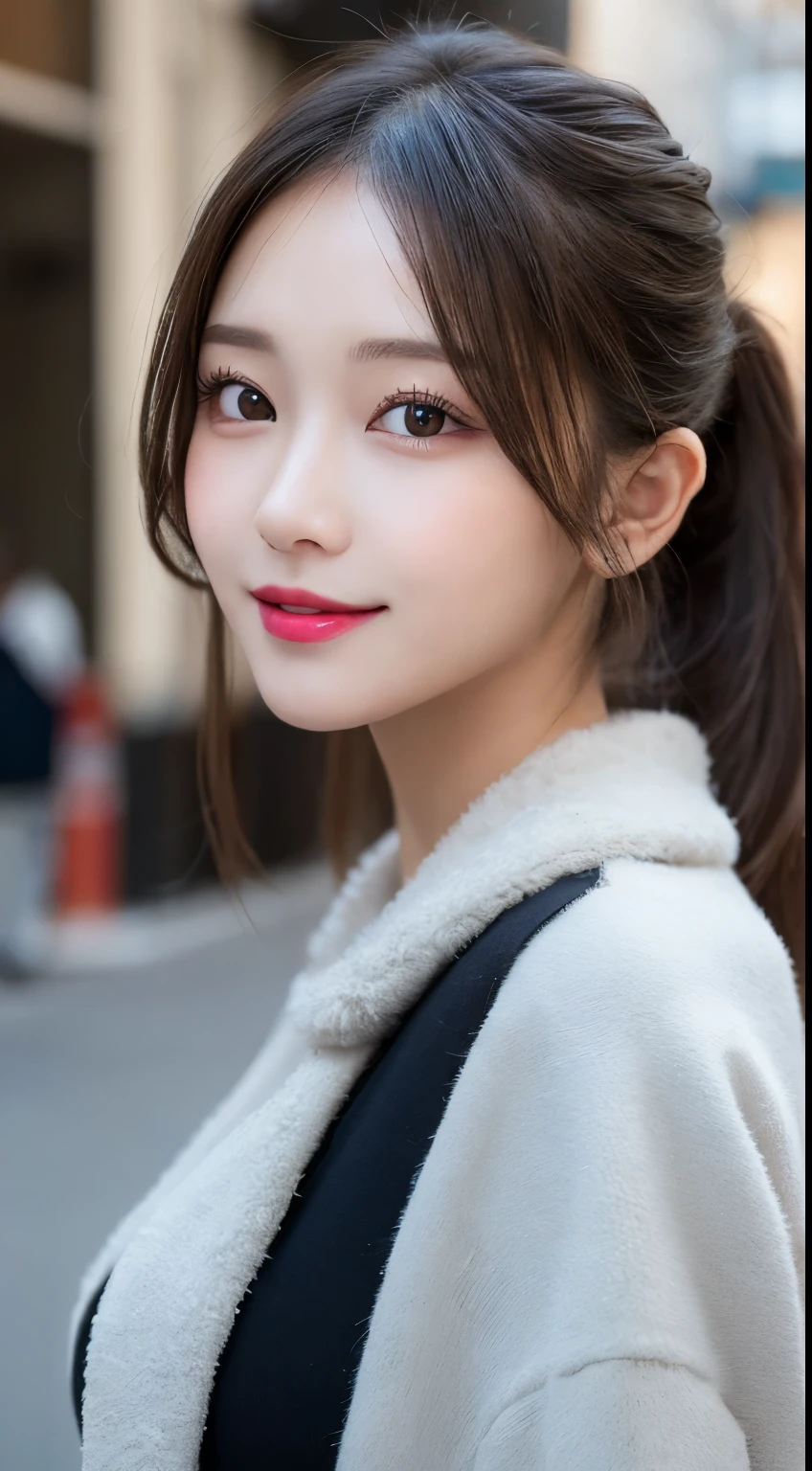table top, highest quality, shape, Super detailed, finely, High resolution, 8k wallpaper, 完璧なダイナミックな構shape, beautiful and detailed eyes, tokyo trend冬ファッション,tokyo trend&Introducing cute hairstyles at random, small breasts, natural color lip, random sexy pose,cute smile、20 year old girl、beautiful and detailed face、perfect and beautiful face,Big eyes、Wearing a fluffy black luxury mink coat、beautiful detailed face、perfect and beautiful double eyelids、blur the background、perfect and beautiful face、bright look、twin ponytail hairstyle