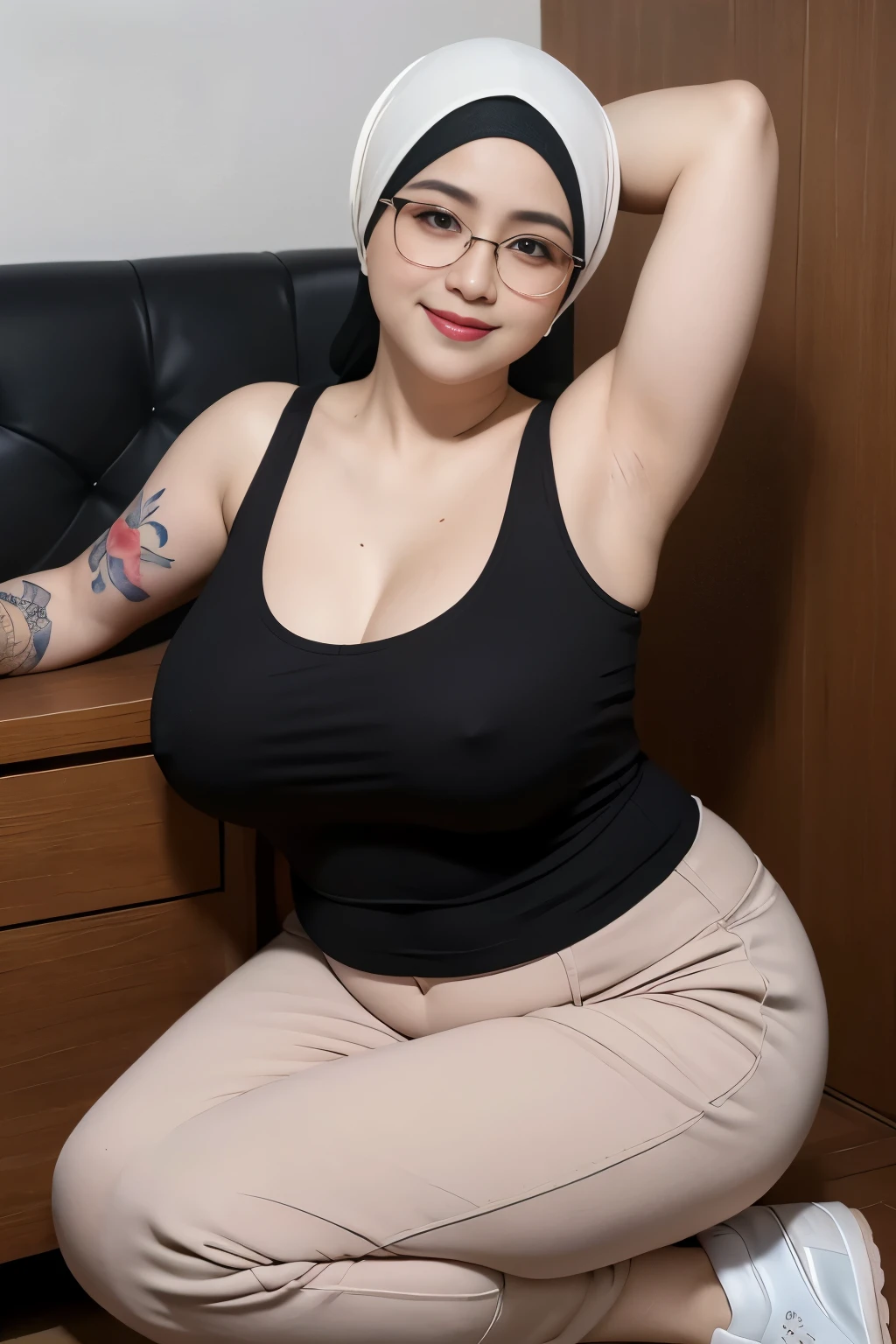 wanita berhijab syariah, wearing gold t-shirt, sneakers, chubby cheeks, chubby arm, chubby, glasses, big breast, chubby tight, wearing a hijab, bbw, bbc, cute girl, mature and plump, plump woman, clean and smooth pics, all star, high quality, best quality, good vibes, nice look, tattooed, gorgeous, elegant, high resolution, super extremely resolution, flower tattoos, Perfect angle, mature woman, milf, tight t-shirt, skinny, perfect look, t-shirt, dark room, smile shy, woman 40 years old, black t-shirt, chubby cheeks, Thigh-length pants, sweaty, full bodies, tank top, high heels, dimples, armpits, massive thighs 