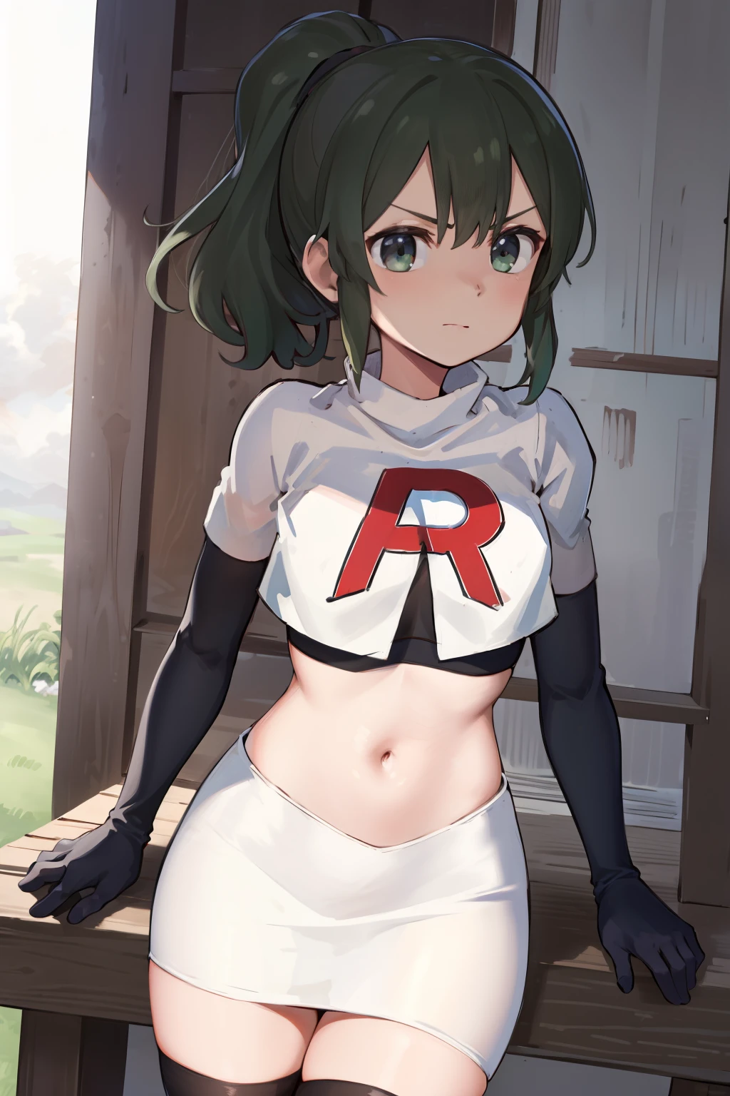 masterpiece,best quality,highres,aafutaba,medium hair,ponytail,cowboy shot,outdoors,team rocket,team rocket uniform, red letter R, white skirt,white crop top,black thigh-highs,black elbow gloves
