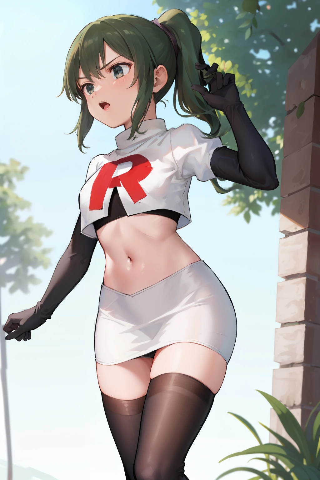 masterpiece,best quality,highres,aafutaba,medium hair,ponytail,cowboy shot,outdoors,team rocket,team rocket uniform, red letter R, white skirt,white crop top,black thigh-highs,black elbow gloves
