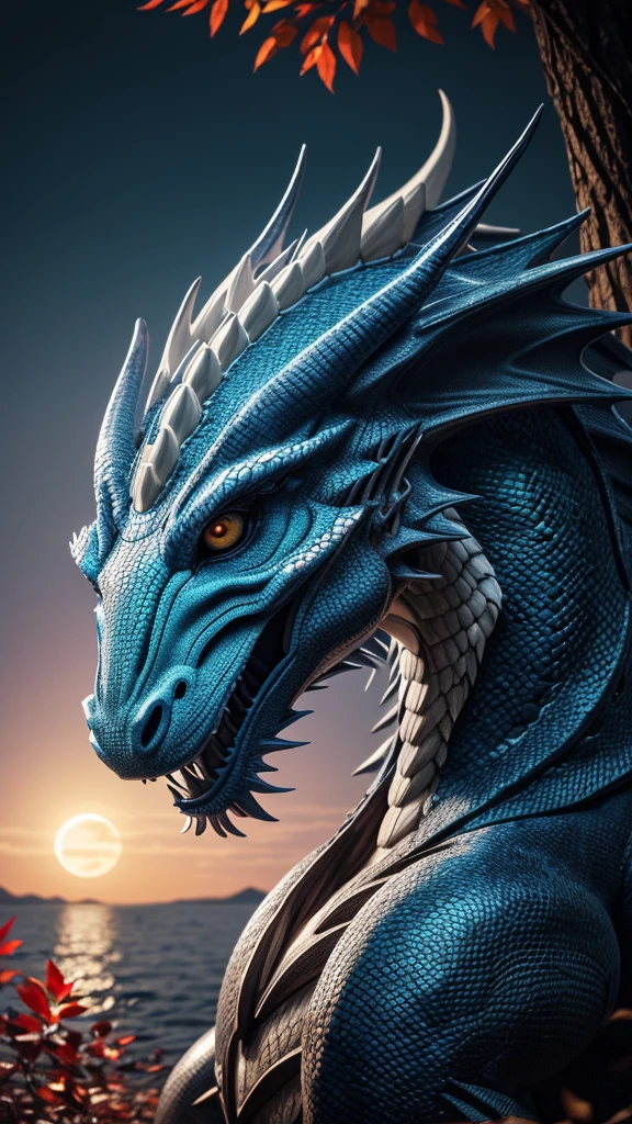 Realistic night scene, professional photography, close up short, moonlight illuminating, a gigantic white eastern dragon, looking firmly at camera, blue blue eyes, very long body, very long soft hairs, very tiny hands and legs, scales feature dark wood textures, emitting a white fluorescent glow, dragon's body partially entwines around giant red trees by the lakeside, mid autumn, colourful trees, ancient Chinese dragon, looking firmly at the camera, close-up shot, high resolution, exceptional details, 4K quality, cinematic visuals.
