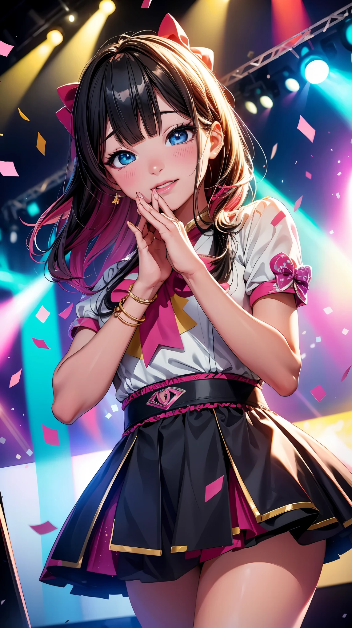 (highest quality、4k、8k、High resolution、masterpiece: 1.2)、Super detailed、(real、photorealistic、photorealistic: 1.37)、girl covered in confetti、full body portrait:1.9、confetti explosion、happy celebration scene、fun atmosphere、beautiful detailed eyes and face、bright smile、blushing pink cheeks、Colorful confetti falling down、A whimsical paper shape floating in the air、one girl、party dress、shining tiara、Raising hands of joy、Bright colors、playful lighting、portrait style