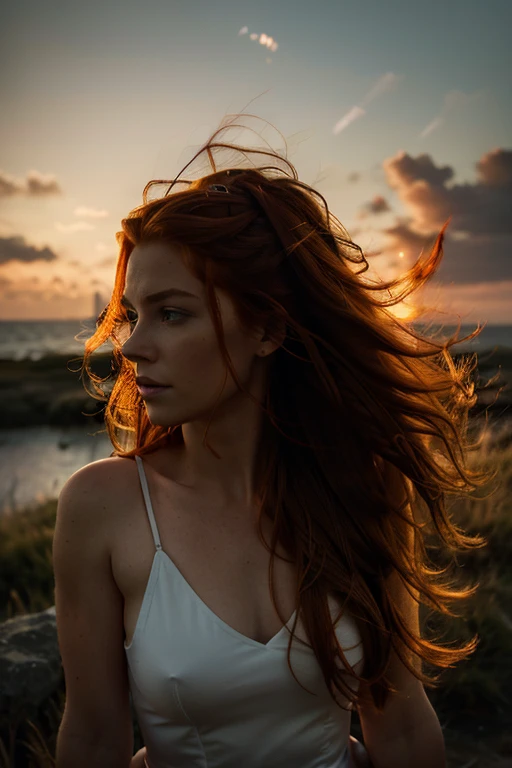 a photograph of a redhead woman with windswept tresses, her hair entangled like flames against a twilight sky, emanating untamed beauty
