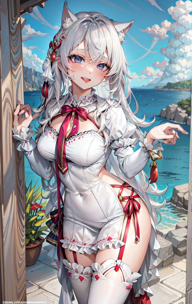 Alisa mikhailovna kujou,  Ojos azules cristalimos, mejor calidad, ojos en alta definicion, super detallados, best quality, ultra detailliert, 4k anime girl, anime - style image of a woman with long white hair and a cat ears, wavy hair, perfect white haired girl, ocean blue eyes, face cute, perfect fingers, slim toned body, perfectly proportions, full body, undress, without clothes, naked, stark-naked, seductive anime girl, small curvaceous, large breasts, beautiful breasts, cleavage of the breasts, angle to show off breasts, show off nipples, bedroom background, trending on artstation pixiv, azure lane style