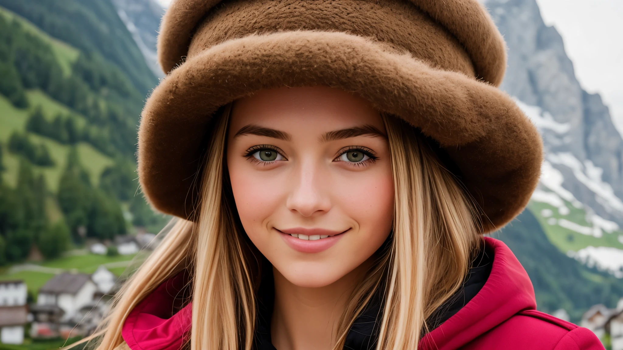 Instagram pictures, French Girl, Shoulder length hair, with light blonde hair, Close-up photo, coat, The background is the village of Grindelwald...., Switzerland, smile a little,