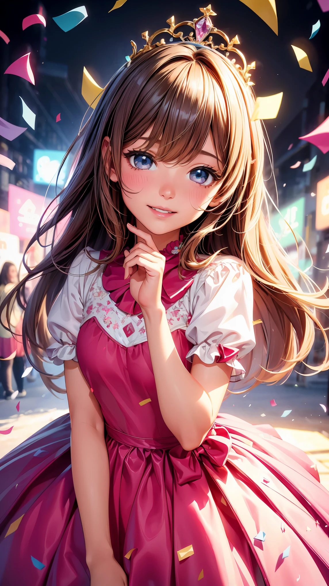(highest quality、4k、8k、High resolution、masterpiece: 1.2)、Super detailed、(real、photorealistic、photorealistic: 1.37)、girl covered in confetti、full body portrait:1.9、confetti explosion、happy celebration scene、fun atmosphere、beautiful detailed eyes and face、bright smile、blushing pink cheeks、Colorful confetti falling down、A whimsical paper shape floating in the air、one girl、party dress、shining tiara、Raising hands of joy、Bright colors、playful lighting、portrait style