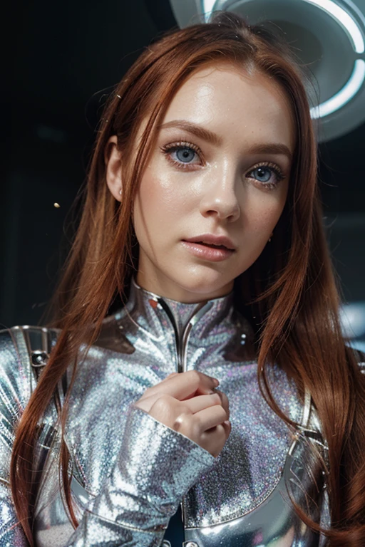 close up of a serious white woman with shiny skin shimmering like glitter and redhead with long hair, light eyes and makeup matching her eyes, bright futuristic outfit, sentada num orbe com bota colorida, fundo colorido com naves espaciais bem aparentes, holding a bright light with both hands darkened image like ambient lighting