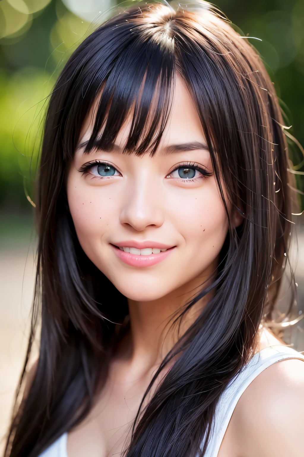 (realistic, photo-realistic:1.37),(8K, RAW photo, highest quality, masterpiece:1.2), cute, super detailed,heart-shaped eyes,Physically based rendering, ultra high resolution, Kodakvision Color, Shot with Aricum LT camera, Bokeh, sharp focus,
looking at the viewer,photorealistic,realistic, alone, photorealistic, highest quality,highly detailed face,highly detailed eyes and face, beautiful and fine eyes,disorganized, incredibly disorganized,unforgettable smile,Smooth black hair, floating hair, ,