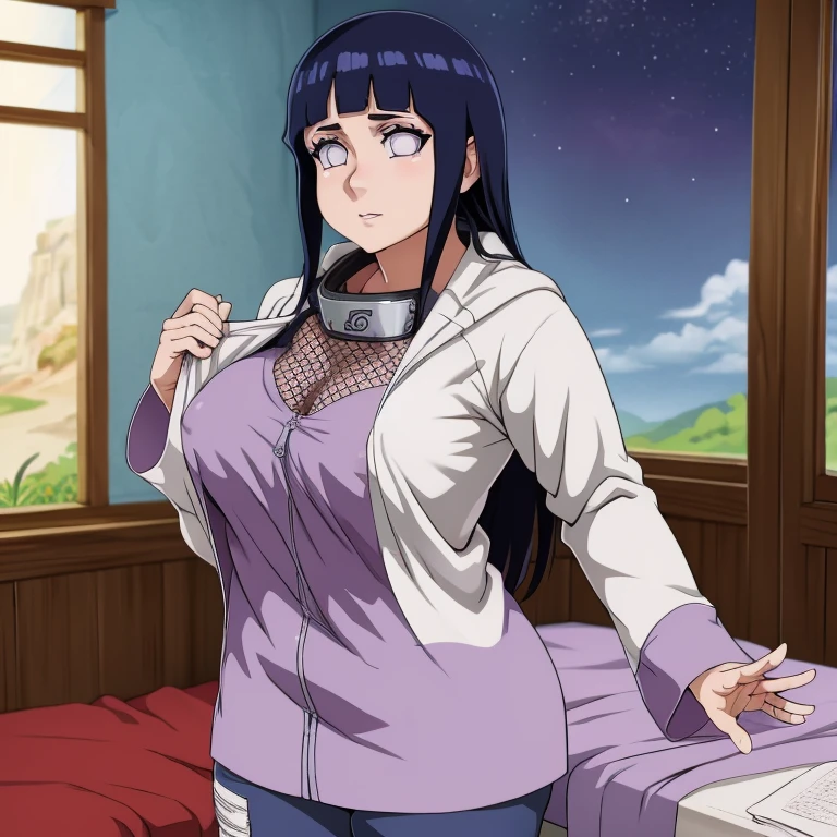 obra maestra, high resolution, alta calidad, cara detallada, Renderizado detallado del cuerpo, 1 chica, Solo, Hyuuga Hinata, Traje sin mangas de Hinata, pechos grandes, pecho grande, camisa sin mangas, top de rejilla, labios oscuros, chaqueta sin cremallera, sin sujetador, pechos afuera, nipple, de pie, se sonroja, (en el dormitorio)